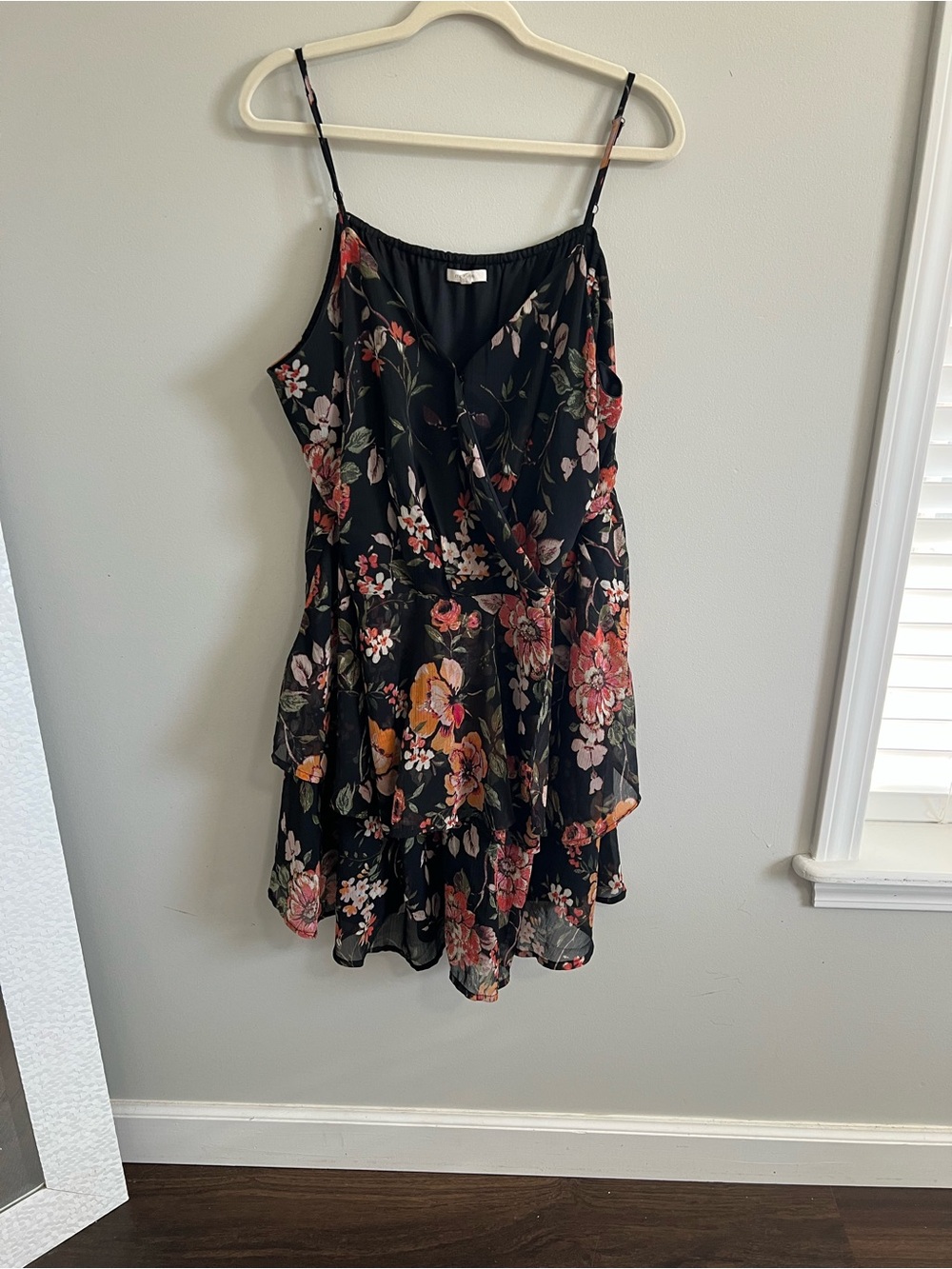 Maurices Black Floral Tiered Spaghetti-Strap Mini Dress